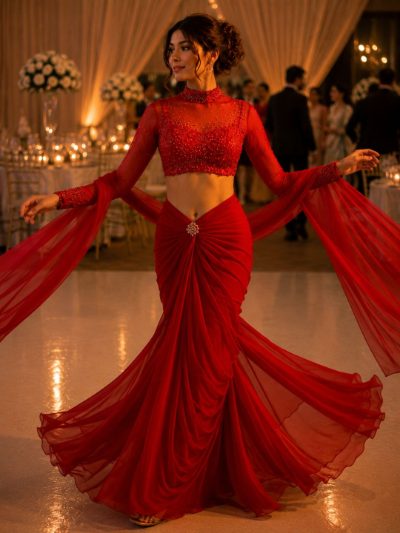 Adaa Bazaar Designer Georgette Drape Skirt Set with Embellished High Neck Full Sleeve Blouse & Dupatta