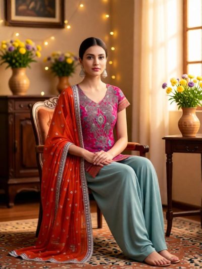 Adaa Bazaar Women's Readymade Party Wear Magenta and Sky Patiala Suit with Orange Dupatta