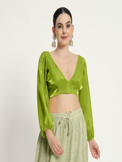 Neon V Neck Full Sleeves Blouse with Organza Fabric