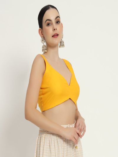 Adaa Bazaar Women's Readymade Yellow Blouse with Cut Sleeves