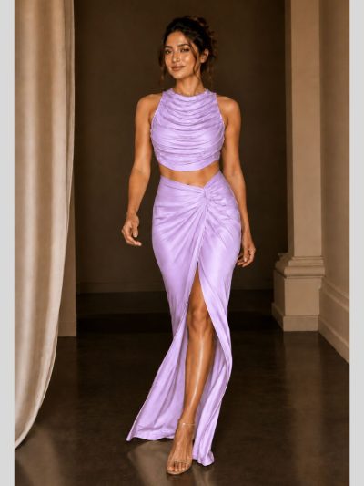 Adaa Bazaar Satin Draped Skirt Set with Ruched Halter Neck Crop Top
