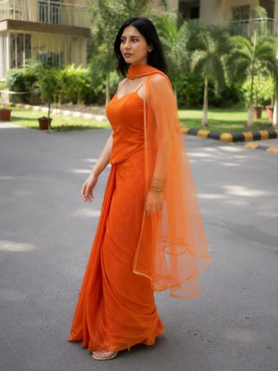 Adaa Designer Organza Drape Skirt with Sweetheart Neck Corset Blouse & Organza Dupatta