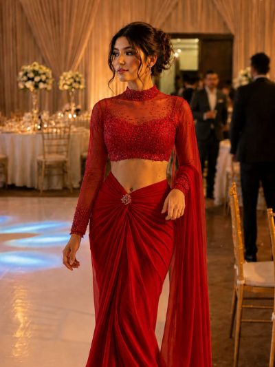 Adaa Bazaar Designer Georgette Drape Skirt Set with Embellished High Neck Full Sleeve Blouse & Dupatta