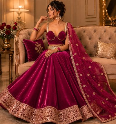 Adaa Bazaar Women’s Designer Velvet Lehenga Choli Set with Dupatta