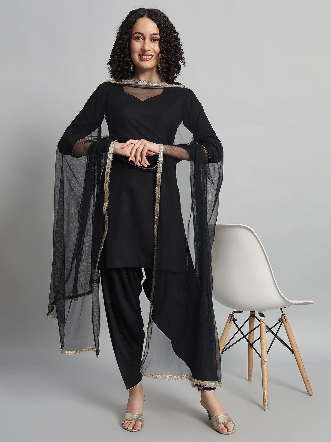 Adaa Bazaar Women's Readymade Patiala Suit (black) with Black Dupatta