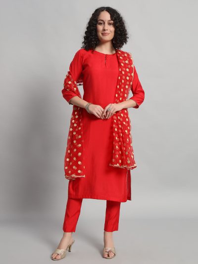 Adaa Bazaar Women's Readymade Suit (red) with Dupatta