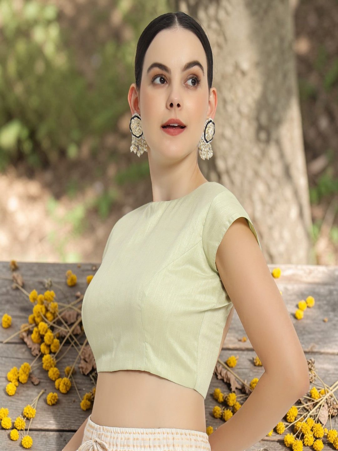 Adaa Bazaar Women's Readymade Lime Blouse with Half Sleeves