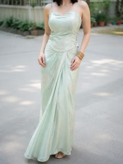 Adaa Designer Organza Drape Skirt with Sweetheart Neck Corset Blouse & Organza Dupatta