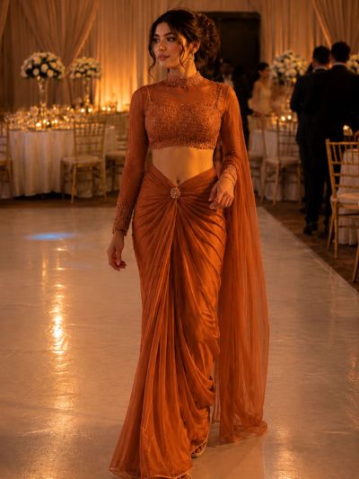Adaa Bazaar Designer Georgette Drape Skirt Set with Embellished High Neck Full Sleeve Blouse & Dupatta