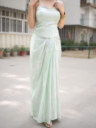 Adaa Designer Organza Drape Skirt with Sweetheart Neck Corset Blouse & Organza Dupatta