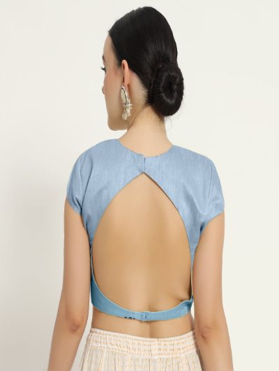 Baby Blue Pad Blouse with Sleeves and Front O-Neck Design