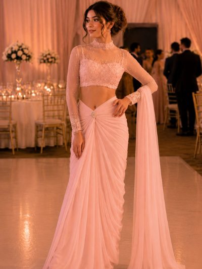 Adaa Bazaar Designer Georgette Drape Skirt Set with Embellished High Neck Full Sleeve Blouse & Dupatta