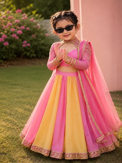 Adaa Bazaar Girls Pink & Yellow Hand Embroidery Lehenga Choli Set | Lightweight Festive Wear