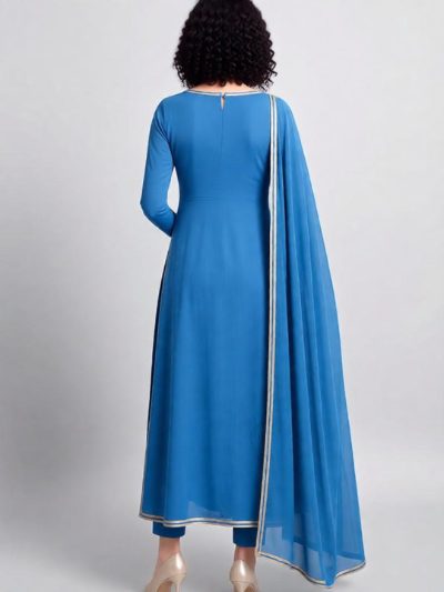 Adaa Bazaar Women's Royal Blue Faux Georgette Lace Work Pant Suit