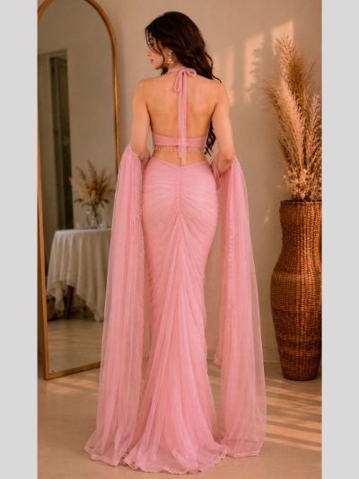Adaa Bazaar Georgette Embellished Pre-Draped Skirt Set with Designer Halter Blouse and Dupatta