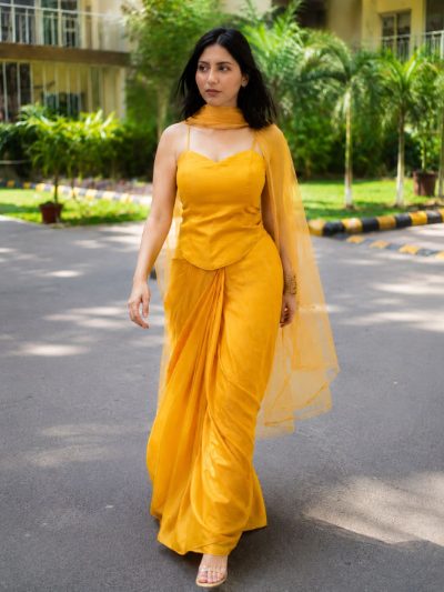 Adaa Designer Organza Drape Skirt with Sweetheart Neck Corset Blouse & Organza Dupatta
