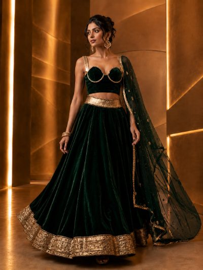 Adaa Bazaar Women’s Designer Velvet Lehenga Choli Set with Dupatta