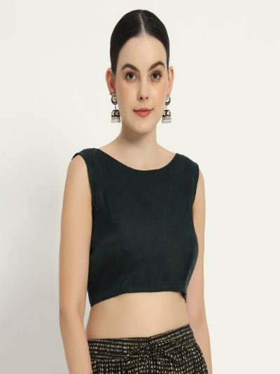 Adaa Bazaar Women's Readymade Bottle Green Blouse with Cut Sleeves