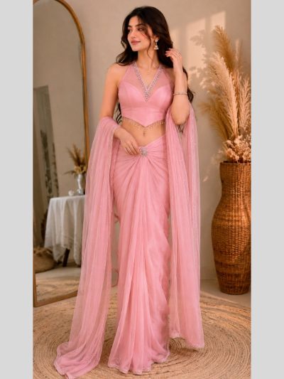 Adaa Bazaar Georgette Embellished Pre-Draped Skirt Set with Designer Halter Blouse and Dupatta