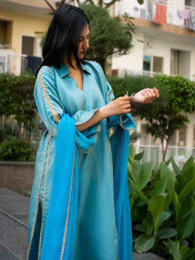 Adaa Bazaar Women's Sky Colour Sequin Work Less Suits with Dupatta