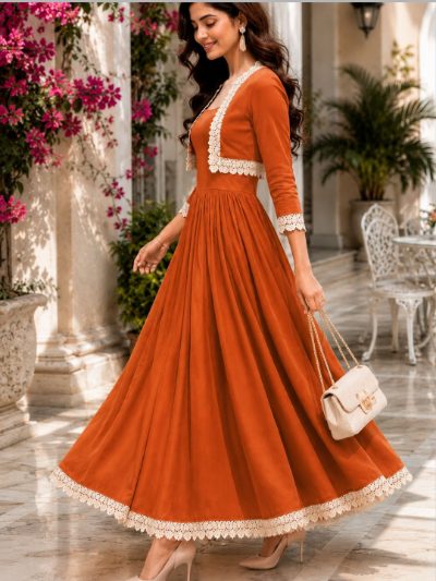 Adaa Bazaar Women's Cotton Cambric Calf-Length Dress with Half Jacket