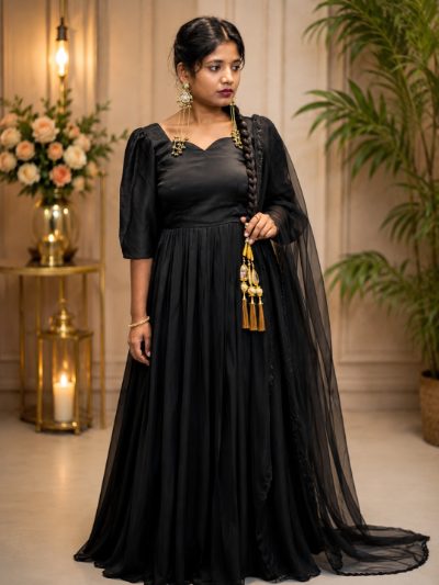 Adaa Bazaar Women's Anarkali Black Suit with Dupatta