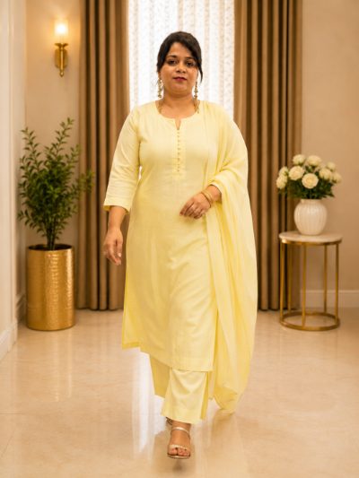 Adaa Bazaar Women's Readymade Cotton Suit (light Yellow) with Dupatta
