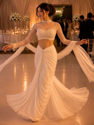 Adaa Bazaar Designer Georgette Drape Skirt Set with Embellished High Neck Full Sleeve Blouse & Dupatta