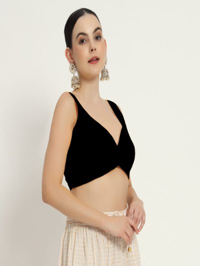 Black Sweetheart Neck Cut Sleeves Blouse with Front Curve Design