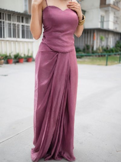 Adaa Designer Organza Drape Skirt with Sweetheart Neck Corset Blouse & Organza Dupatta
