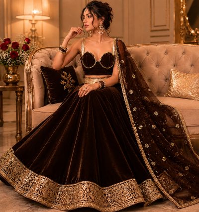 Adaa Bazaar Women’s Designer Velvet Lehenga Choli Set with Dupatta