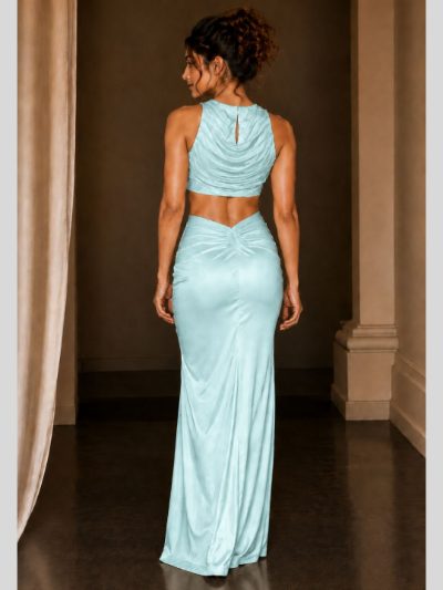 Adaa Bazaar Satin Draped Skirt Set with Ruched Halter Neck Crop Top