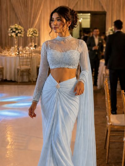 Adaa Bazaar Designer Georgette Drape Skirt Set with Embellished High Neck Full Sleeve Blouse & Dupatta
