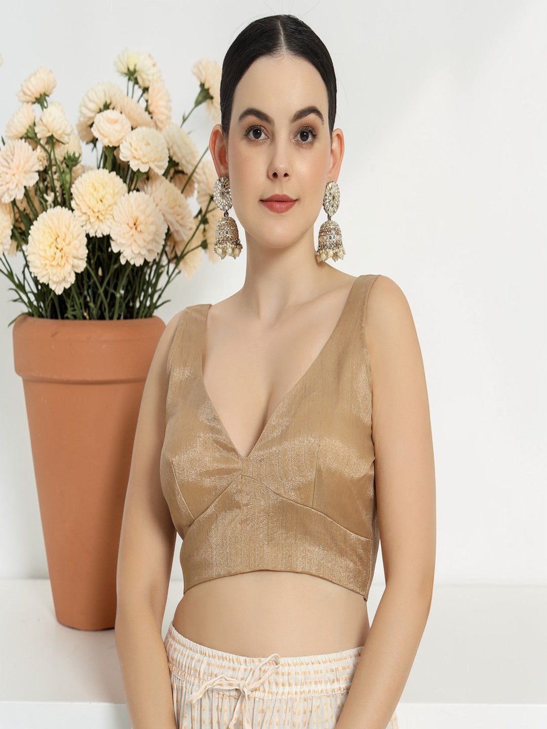 Adaa Bazaar Women's Readymade Golden V Neckline with Cut Sleeves