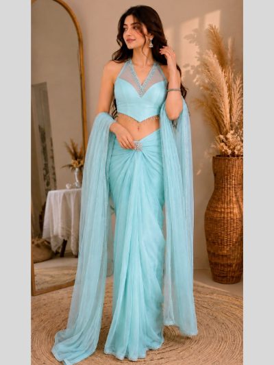 Adaa Bazaar Georgette Embellished Pre-Draped Skirt Set with Designer Halter Blouse and Dupatta