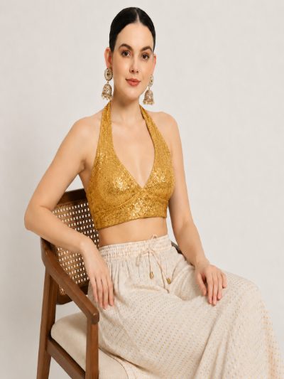 Adaa Bazaar Sequins Party Wear Cut Sleeves Stitched Halter Neck Blouse
