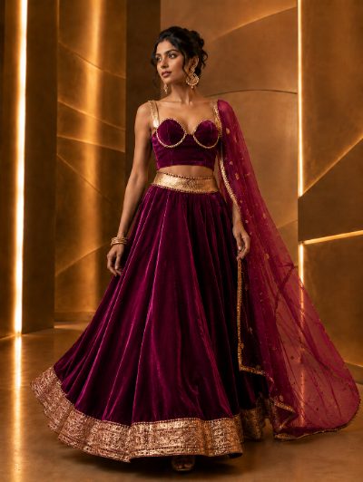 Adaa Bazaar Women’s Designer Velvet Lehenga Choli Set with Dupatta