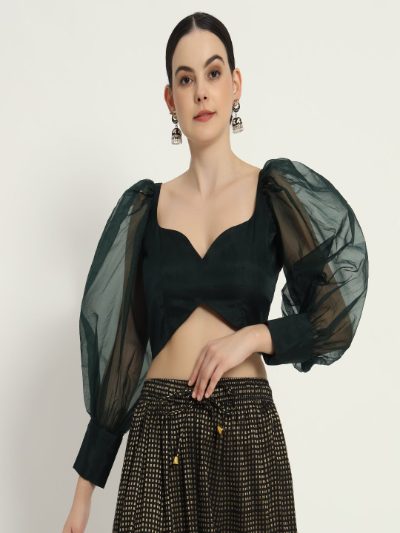 Adaa Bazaar Women's Readymade Green Blouse with Full Sleeves