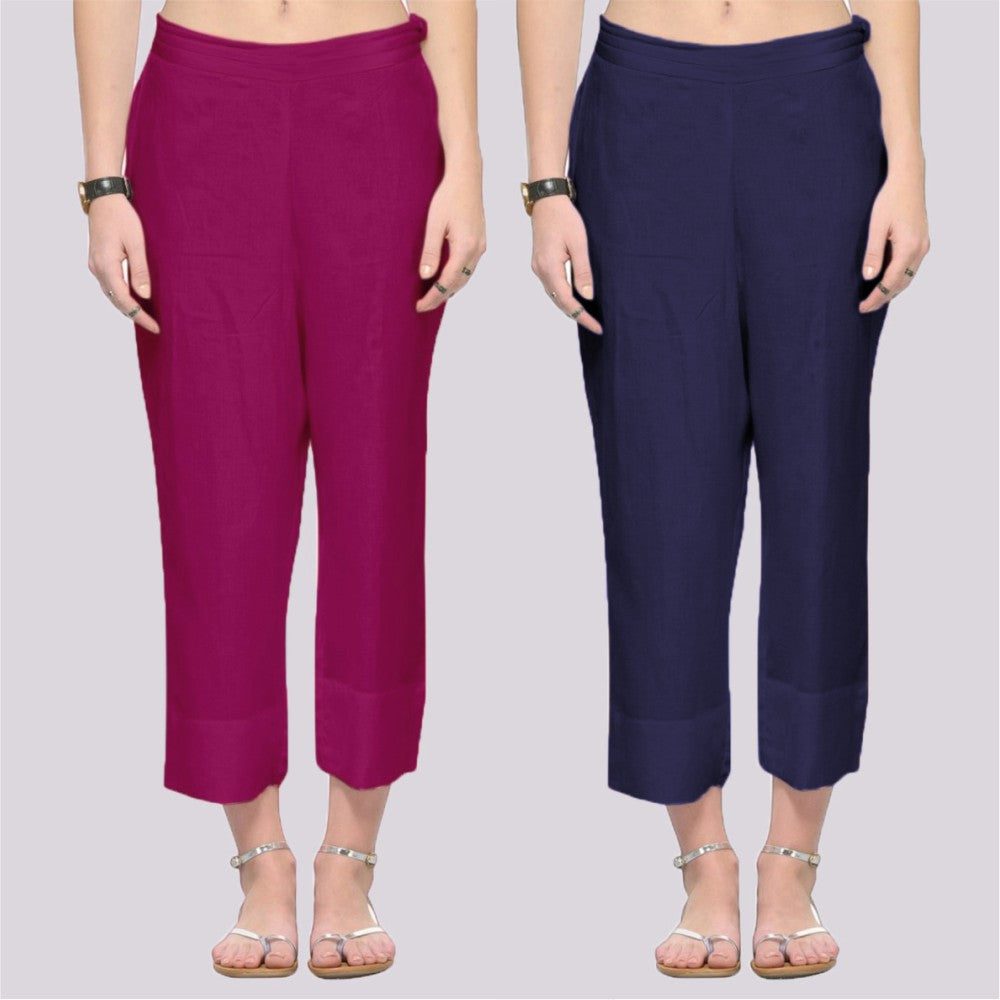 Adaa Bazaar Women's Combo of 2 Rayon Ankle Length Pant Blue and Purple