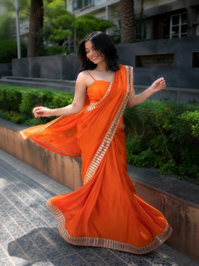 Adaa Bazaar Women's Partywear Silk Saree with Real Mirror Work Border & Designer Blouse