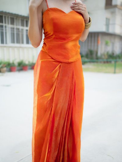 Adaa Designer Organza Drape Skirt with Sweetheart Neck Corset Blouse & Organza Dupatta