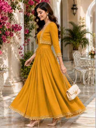 Adaa Bazaar Women's Cotton Cambric Calf-Length Dress with Half Jacket