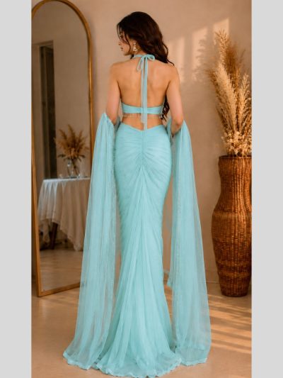 Adaa Bazaar Georgette Embellished Pre-Draped Skirt Set with Designer Halter Blouse and Dupatta