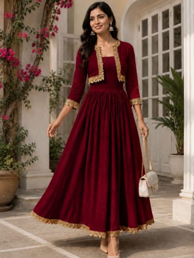 Adaa Bazaar Women's Cotton Cambric Calf-Length Dress with Half Jacket