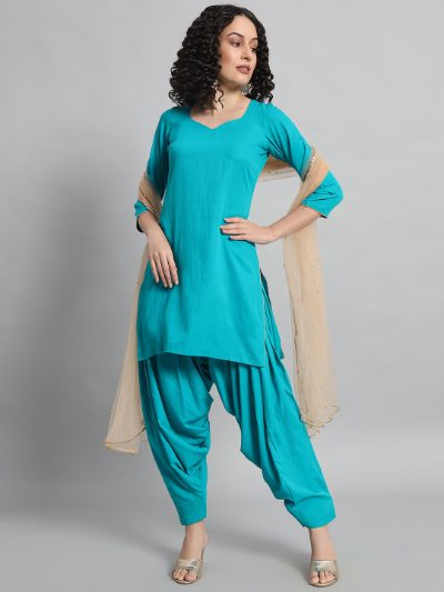 Adaa Bazaar Women's Readymade Patiala Suit (firozi) with Light Gold Dupatta